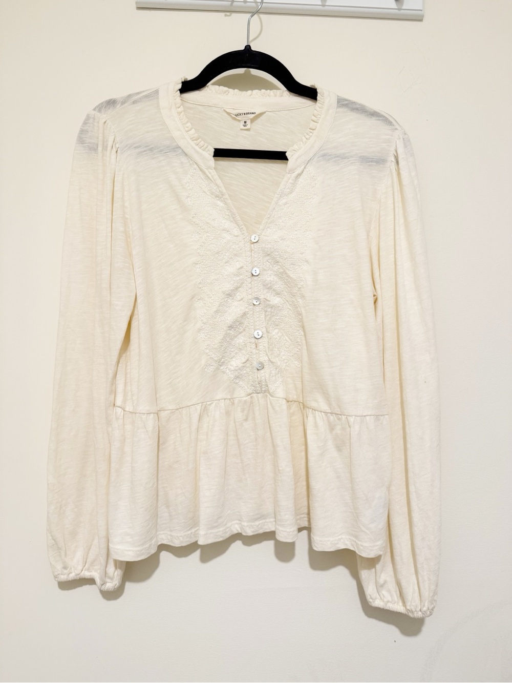 Lucky Brand Cream Long-Sleeve Button Peplum Blouse